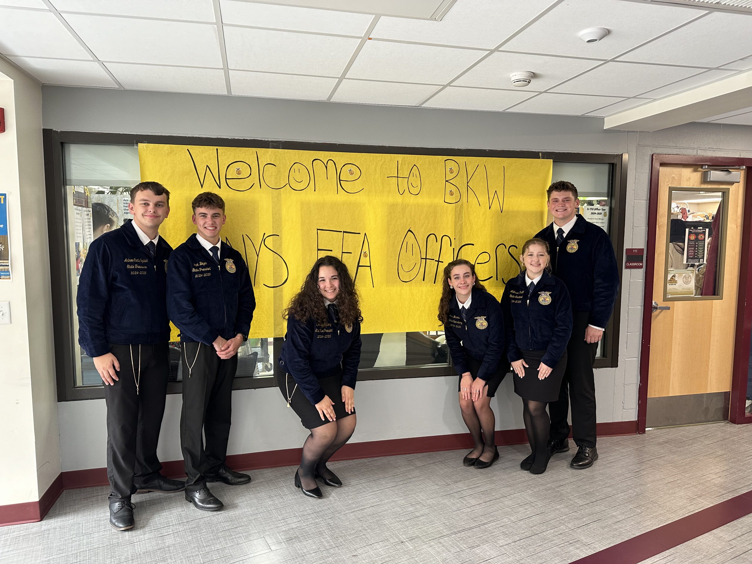 From left to right: Treasurer Andrew Curtis Szalach (Cazenovia Aggies FFA), President Jack Beyer (Lowville FFA), Vice President Taylor Barraclough (Schuylerville FFA), Secretary Anna Maxwell (Salem FFA), Sentinel Melissa Pratt
(John Bowne FFA) and Reporter Noah Davis (Greenwich FFA).