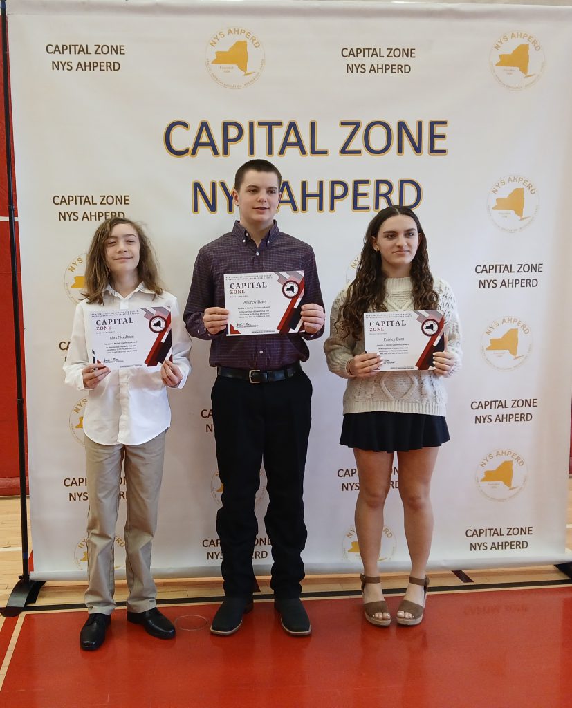 BKW students were recently recognized by the New York State Association for Health, Physical Education, Recreation and Dance (NYS AHPERD). From left to right: Max Needham, Andy Bates and Paisley Bunt. Missing from this photo is Brynn Ferguson.